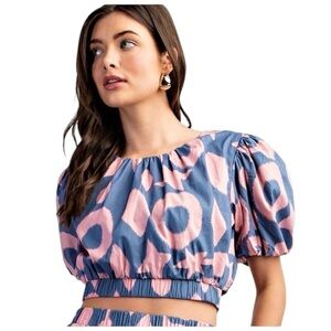 Puff Sleeve Crop Top Blue Pink Size S